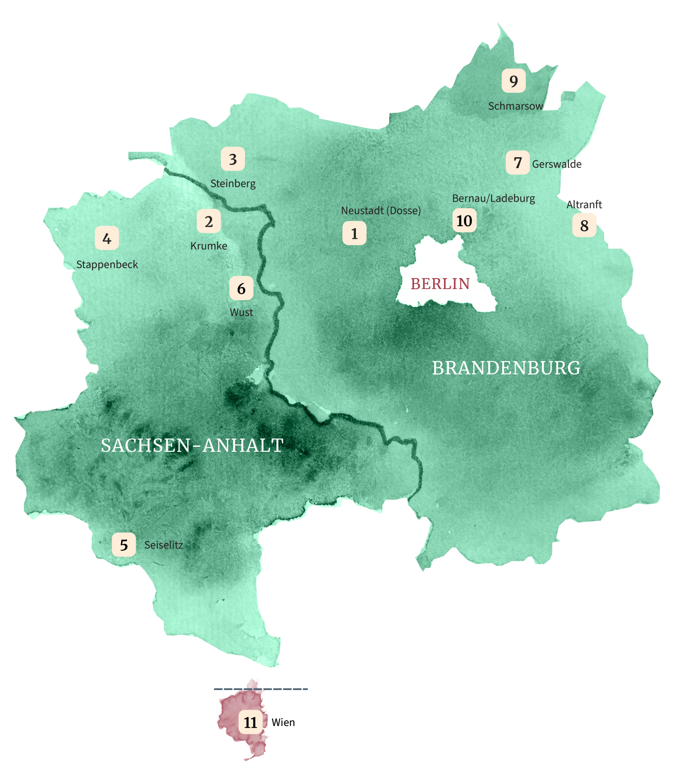 Landkarte von Berlin-Brandenburg (grün, ausgewählte Orte hervorgehoben) - Link zur Seite Deckstellen