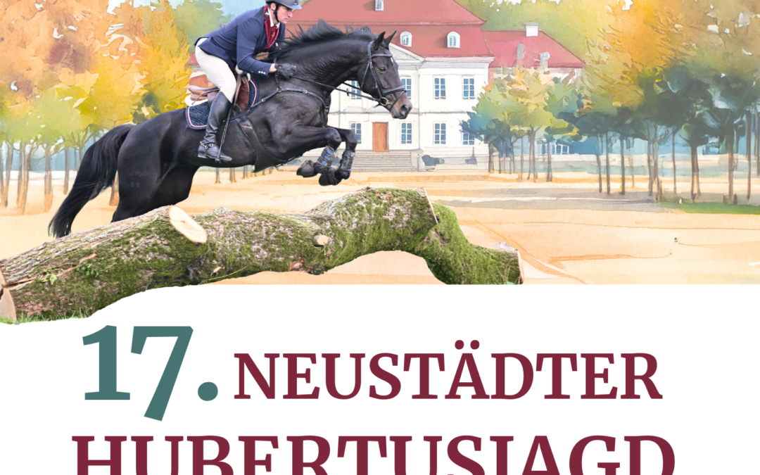Einladungskarte zur Hubertusjagd (springendes Pferd über Baumstamm, im Hintergrund in Aquarell das Landstallmeisterhaus, unten Text)