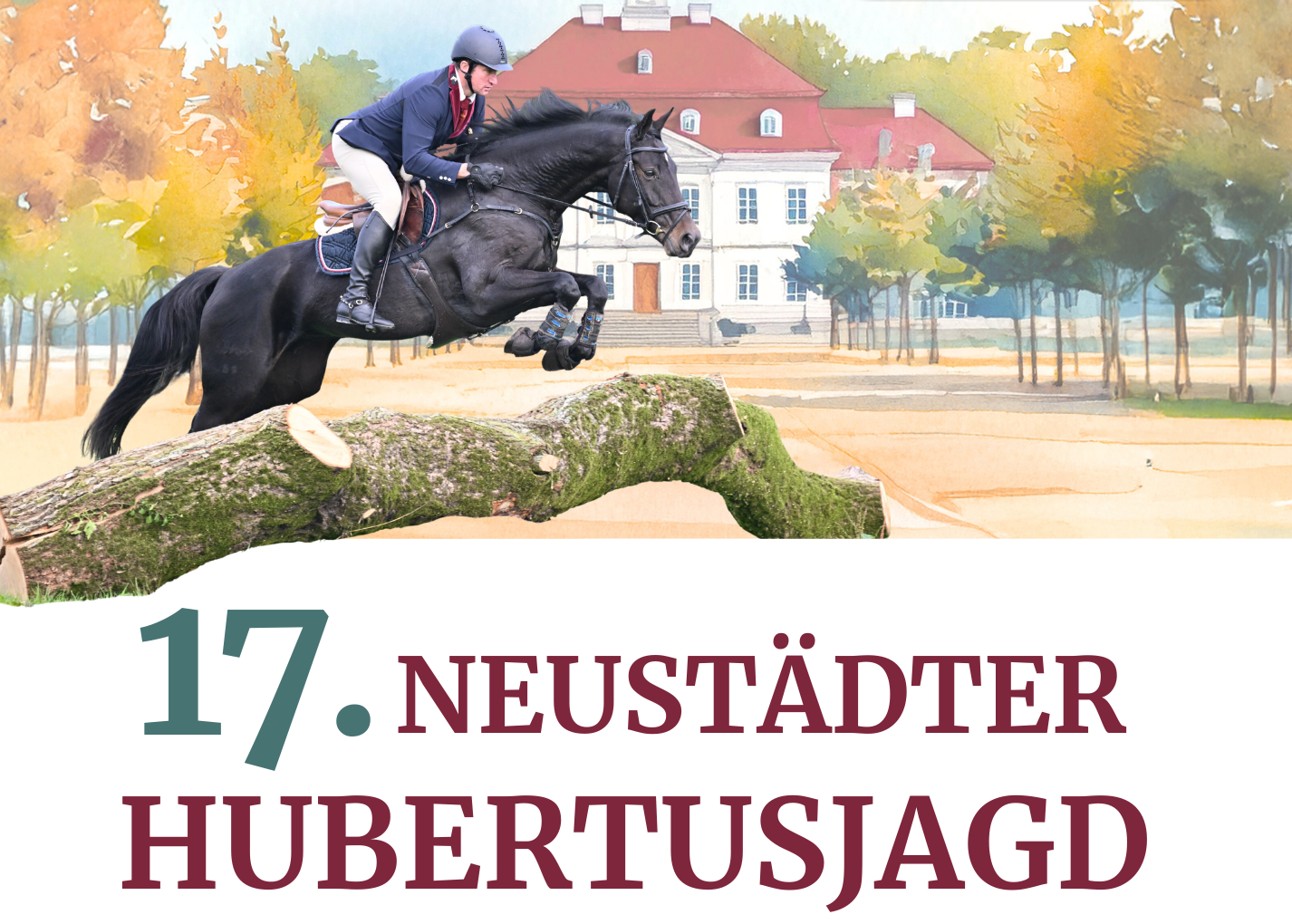 Einladungskarte zur Hubertusjagd (springendes Pferd über Baumstamm, im Hintergrund in Aquarell das Landstallmeisterhaus, unten Text)