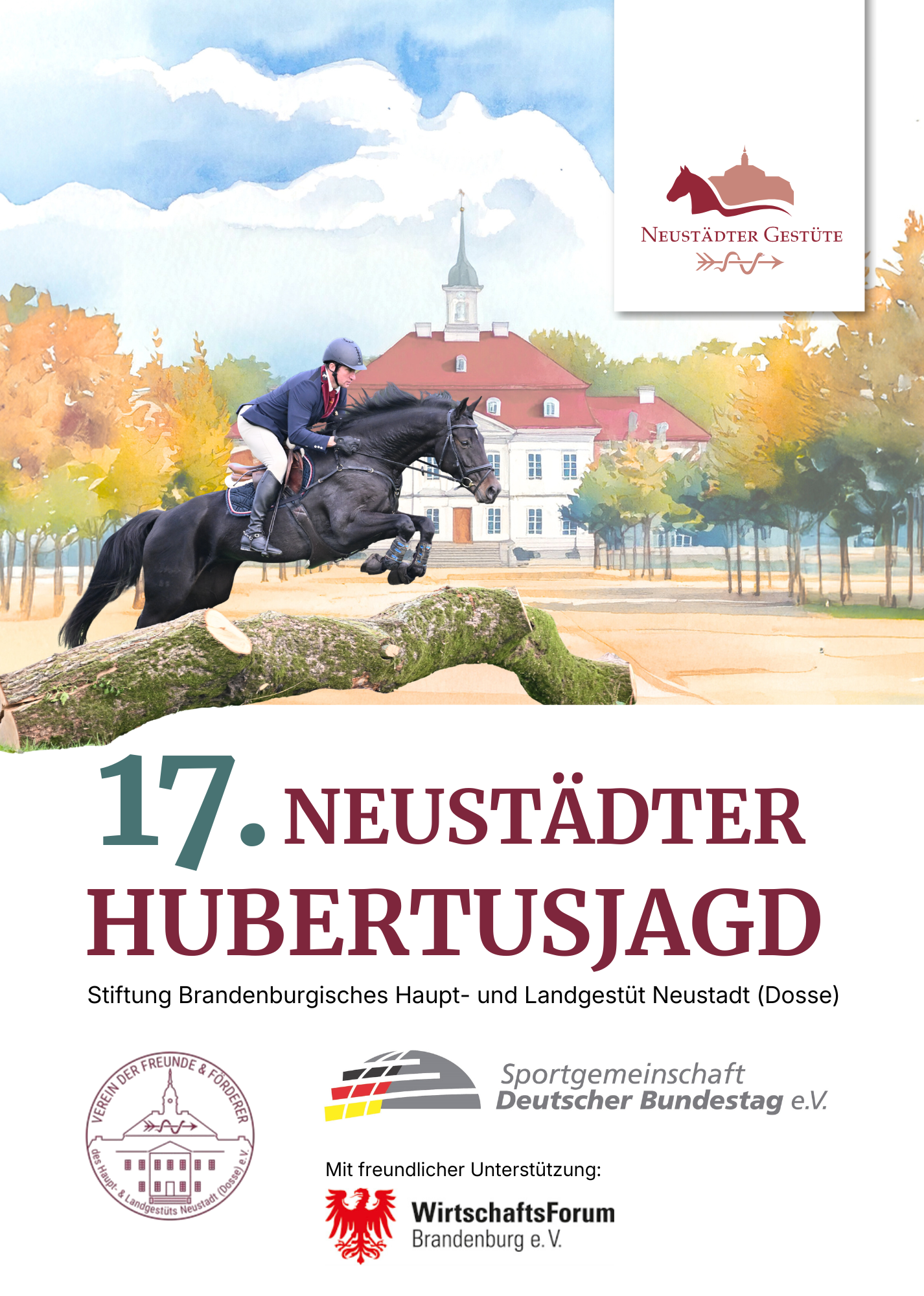 Einladungskarte zur Hubertusjagd (springendes Pferd über Baumstamm, im Hintergrund in Aquarell das Landstallmeisterhaus, unten Text)